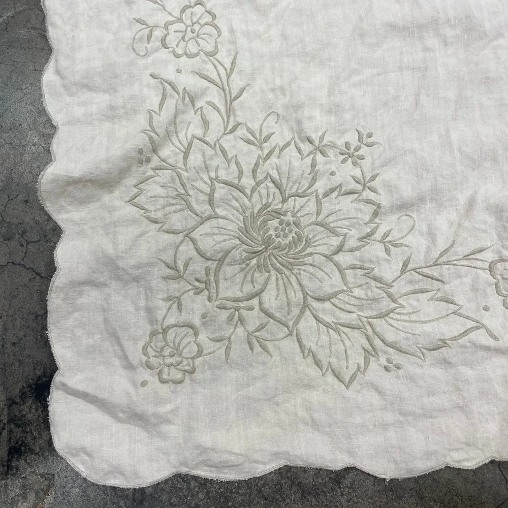 Vintage Tablecloth Beige Floral Embroidered Scalloped Linen Bridal Baby Formal